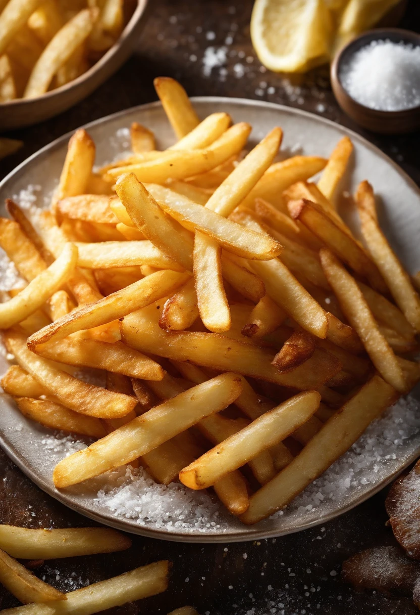 A high-resolution image of a plate of crispy, golden french fries, with the salt crystals glistening on their surface, capturing the irresistible appeal of this classic potato dish.
