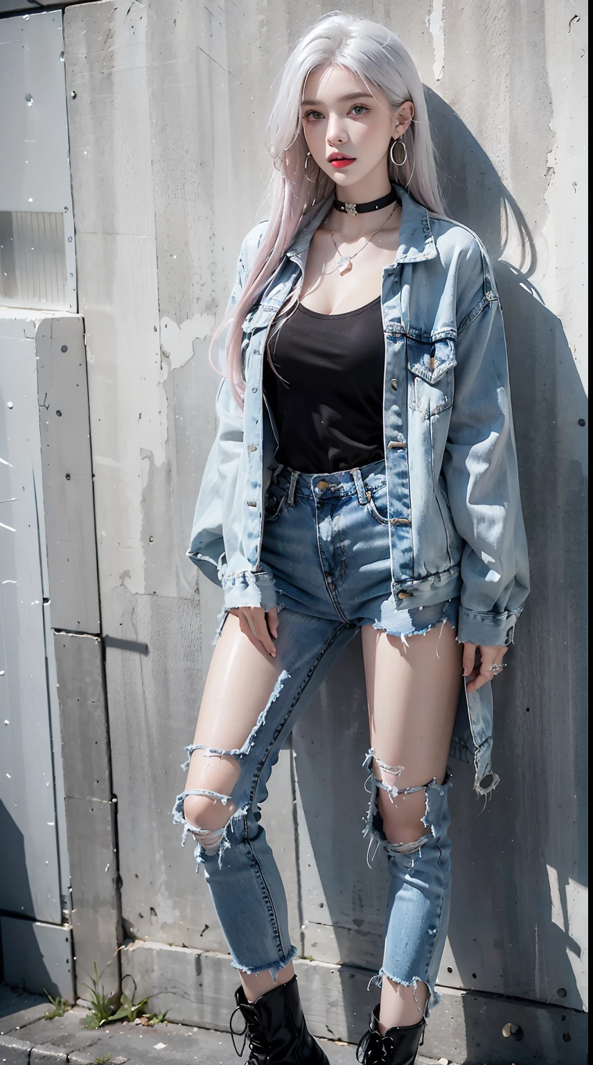 photorealistic, high resolution, 1women, shining skin, solo, jewelry, pink lips, long white hair, blue eyes, closed mouth, hips up,distressed denim jacket with patches and pins, paired with black skinny jeans and combat boots, Accessories: silver hoop earrings and a black choker necklace, Hanging out in an underground music venue or street art exhibit