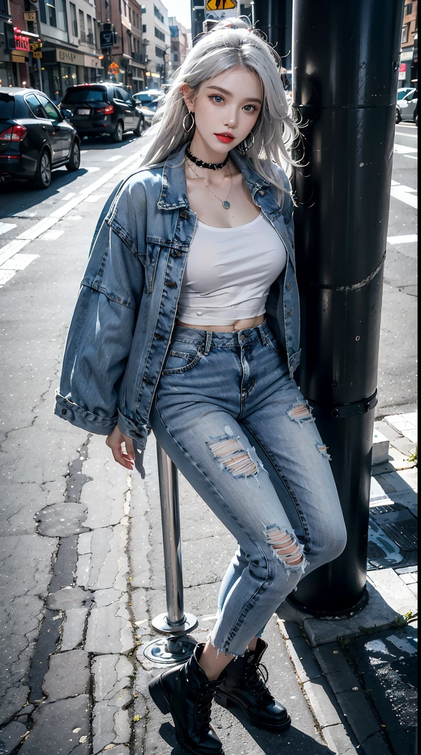 photorealistic, high resolution, 1women, shining skin, solo, jewelry, pink lips, long white hair, blue eyes, closed mouth, hips up,distressed denim jacket with patches and pins, paired with black skinny jeans and combat boots, Accessories: silver hoop earrings and a black choker necklace, Hanging out in an underground music venue or street art exhibit