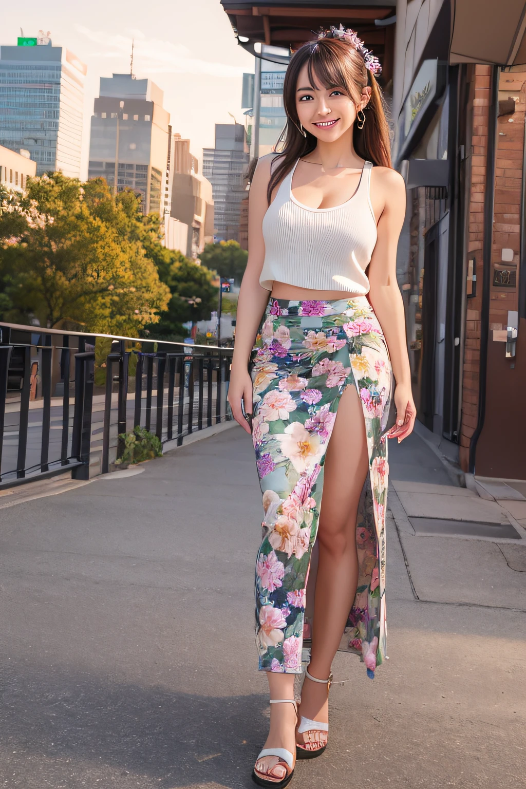 (Highly detailed CG Unity 8k wallpaper, top quality, ultra-detailed, high resolution, masterpiece, realistic, photorealistic:1.5), (cute Japanese girl), extremely detailed face, face focus, beautiful detailed eyes, eye focus, (detailed background), detailed clothes, super detailed skin, (Floral maxi skirt with a tank top and wedge sandals:1.5), (beautiful city background:1.5), midi wavy hair, brown hair, floating hair, medium breast, medium ass, (make up), (adorable smile:1.3),