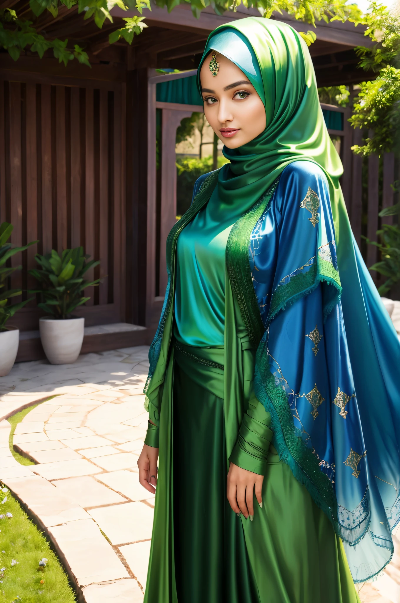 there is a woman in a green dress and a blue shawl, wearing a luxurious silk cloak, green cloak, green cape, wearing green cloak, inspired by Nazmi Ziya Güran, turqouise, wearing a green cloak, with a green cloak, inspired by Shaddy Safadi, a hyper realistic, arab inspired, flowing realistic fabric, cyan and green