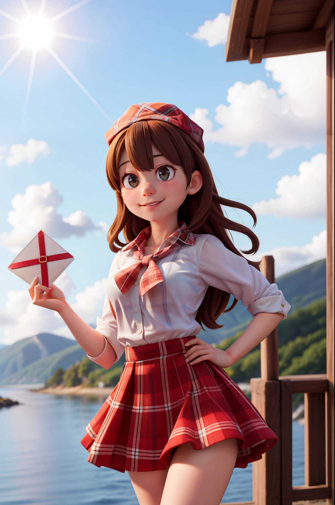 masterpiece, high quality best quality,1girl, bangs, beach, blue_sky, blush, bow, breasts, checkered, checkered_shirt, checkered_skirt, cloud, cloudy_sky, collarbone, day, envelope, giving, grass, hair_bow, heart, holding, holding_letter, horizon, incoming_gift, kazami_yuuka, leaning_forward, lens_flare, letter, light_rays, long_hair, looking_at_viewer, love_letter, mountain, mountainous_horizon, ocean, outdoors, plaid, plaid_background, plaid_bikini, plaid_bow, plaid_bowtie, plaid_bra, plaid_dress, plaid_headwear, plaid_jacket, plaid_legwear, plaid_necktie, plaid_neckwear, plaid_panties, plaid_pants, plaid_ribbon, plaid_scarf, plaid_shirt, plaid_skirt, plaid_vest, pov, shirt, skirt, sky, smile, solo, sun, sunbeam, sunlight, tree, unmoving_pattern
