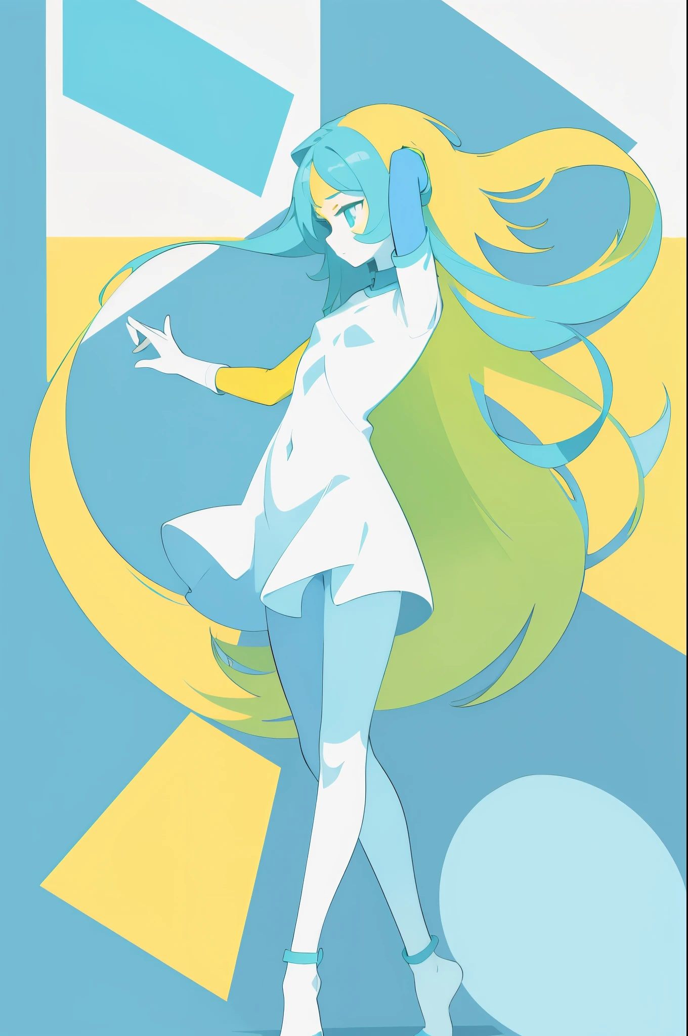 Flat design, flat color, material design, Adobe Illustrator, solid color, no shadow, deformed design, girl with long hair down to her feet, geometry of stationery, coexistence of light blue and lime green, division of the world.