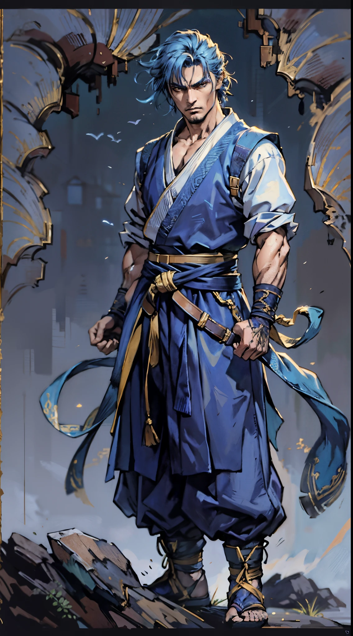 A young man, indigo blue hair, raised and fluffy short hairstyle, sharp gaze, a serious expression, a fantasy martial arts style sky-blue fabric kung fu outfit, tattered sleeves, hands wrapped with cords, a linen belt tied around the waist, coarse fabric trousers, on the cliff in the darkness of the night, this character embodies a finely crafted fantasy martial arts-style fighter in anime style, exquisite and mature manga art style, high definition, best quality, highres, ultra-detailed, ultra-fine painting, extremely delicate, professional, anatomically correct, symmetrical face, extremely detailed eyes and face, high quality eyes, creativity, RAW photo, UHD, 8k, Natural light, cinematic lighting, masterpiece-anatomy-perfect, masterpiece:1.5