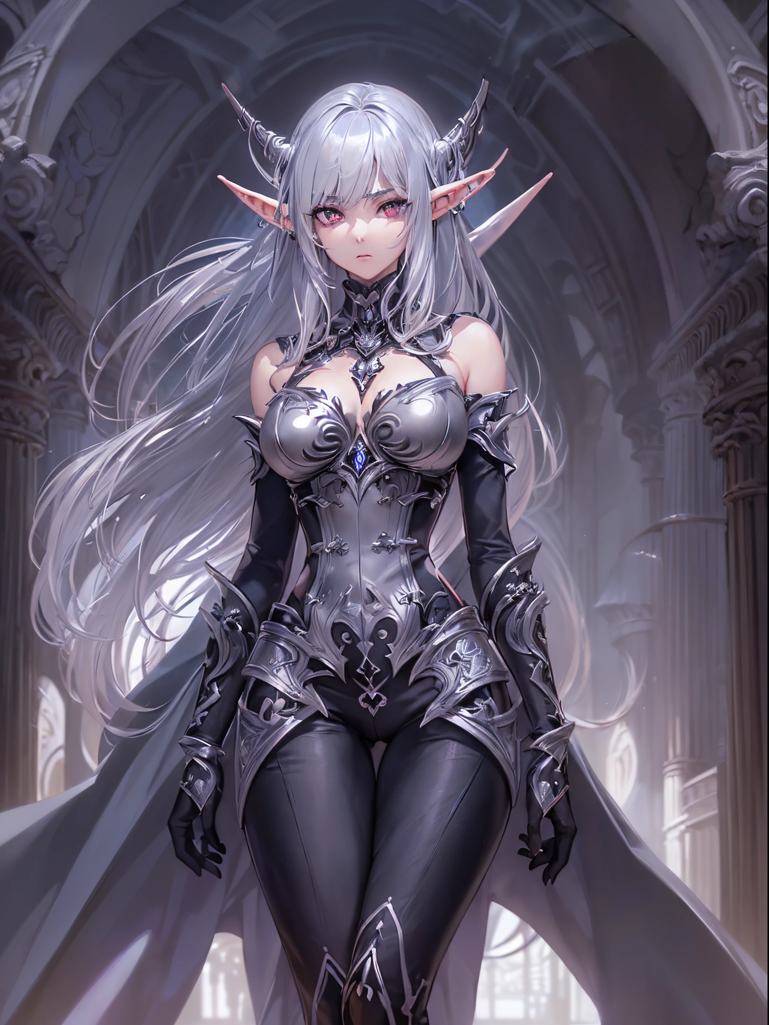 ((Finest quality)),(超A high resolution),(ultra-detailliert),(Meticulous portrayal),((Best Anime)),(Finest works of art),Ultra-Precision Art,The art of astounding depiction,Overwhelming descriptive power:1.5, (1 female dark elf:1.5),(Silver hair that reaches to the waist:1.5),risqué revealing costumes,