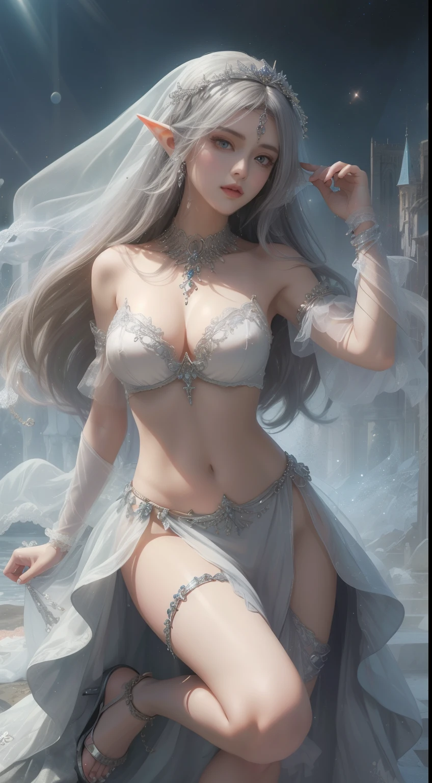 tmasterpiece,Highest image quality,Beautiful full body portrait of noble elf dancer,Delicate silver hairstyle,Clear orange eyes,head chain,veils,heeled sandals,Has a dazzling array of、Well made jewelry,Ultra-detailed details,advanced。At the Pixiv Art Station,Break your own power,Luigi,Big breasts exposing cleavage,R-18G