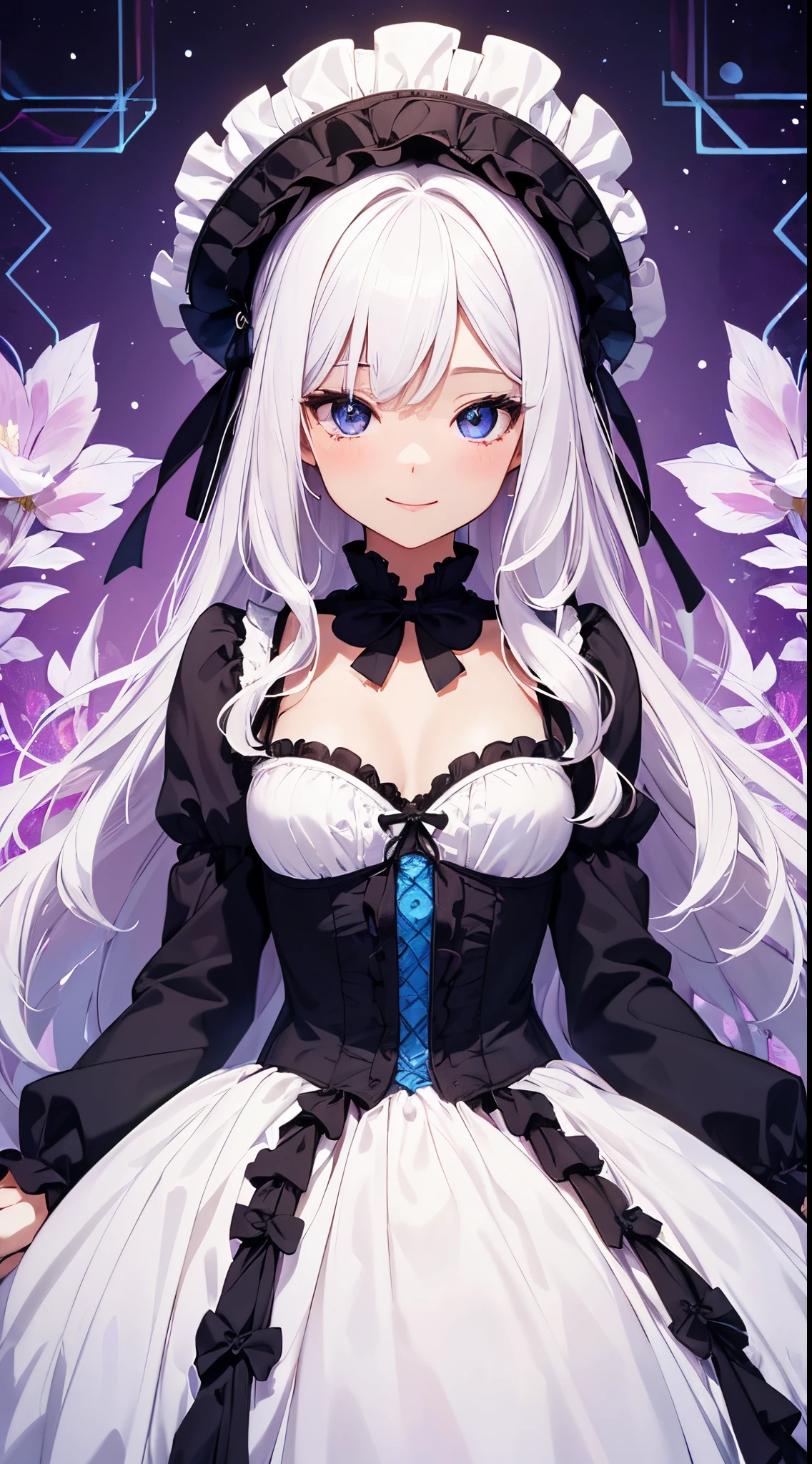(masterpiece、top-quality、top-quality、Official art、Beautifully Aesthetic:1.2)、(1womanl)、(There is a little space at the top)、ighly detailed、(Fractal Art:1.4)、highestdetailed、long wavy white hair、White hair、Blue eyes、rounded drooping eyes、very small chest 、Flat,Flat, Flat and small breasts、No cleavage、Mature beautiful woman、The background is a bright purple wallpaper with a pattern based on blue.....、Designed with a pink heart.......、Lolita fashion based on black, with white、Ruffled headdress、Cute smile、Outstanding smile