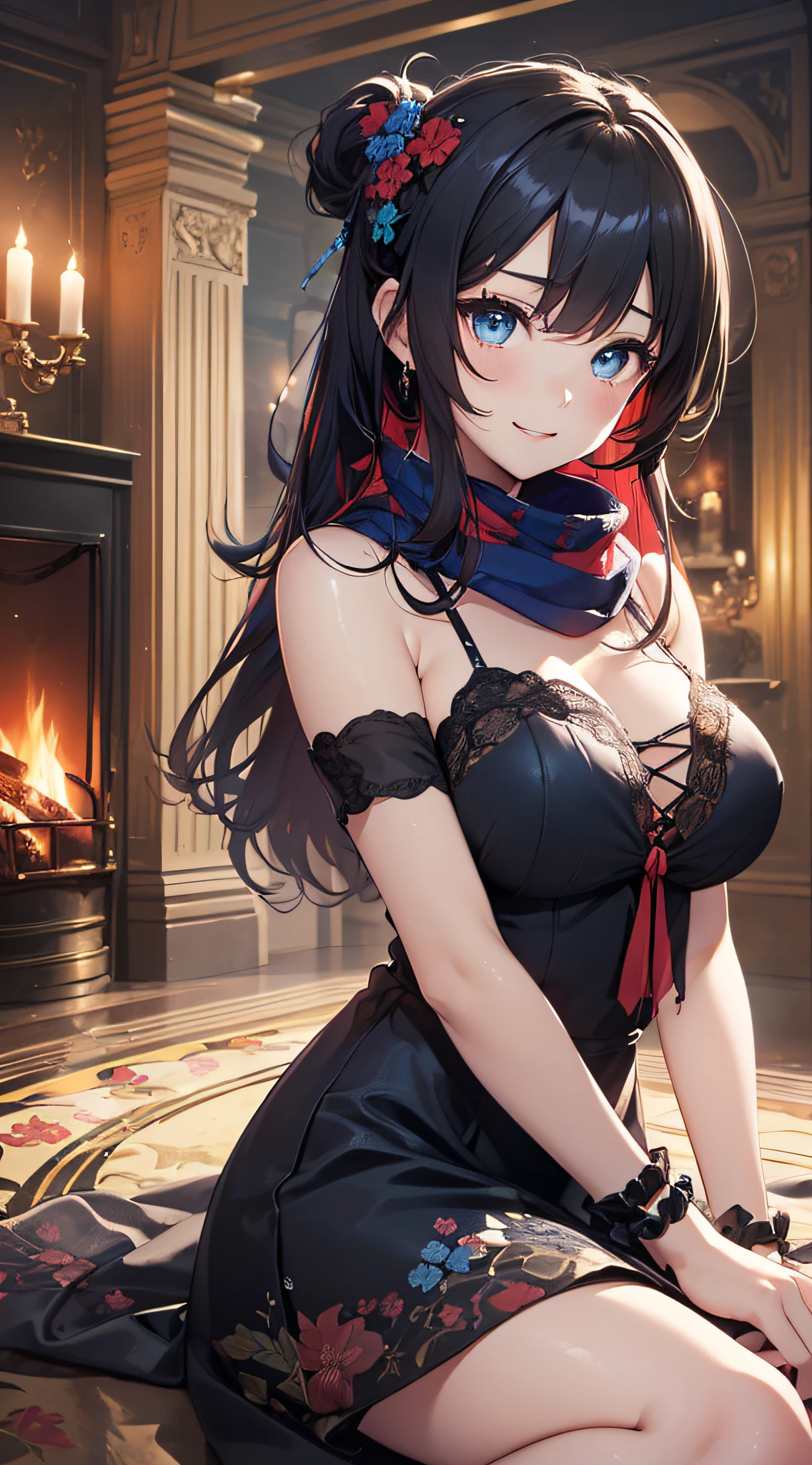 top-quality、Top image quality、masterpiece、girl with((sixteen years old、 ager、cute little、Best Bust、big bast,Beautiful blue eyes、Breasts wide open, Dark hair、red hairs、Longhaire、A slender,Large valleys、,Black floral dress、A smile、blue scarf、Black wristband)),hiquality、Beautiful Art、Background with((dark large space、fireplace、warm soup、chandelle)))、,masutepiece、depth of fields,Cinematic style