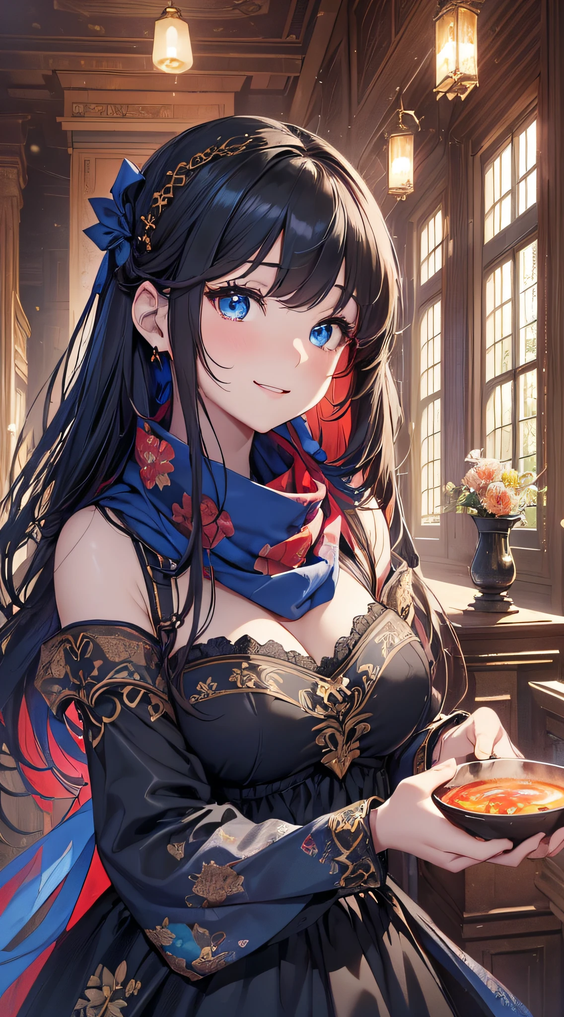 top-quality、Top image quality、​masterpiece、girl with((sixteen years old、teen ager、cute little、Best Bust、big bast,Beautiful blue eyes、Breasts wide open, Dark hair、red hairs、Longhaire、A slender,Large valleys、,Black floral dress、A smile、blue scarf、Black wristband)),hiquality、Beautiful Art、Background with((dark large space、fireplace、warm soup、chandelle)))、,masutepiece、depth of fields,Cinematic style