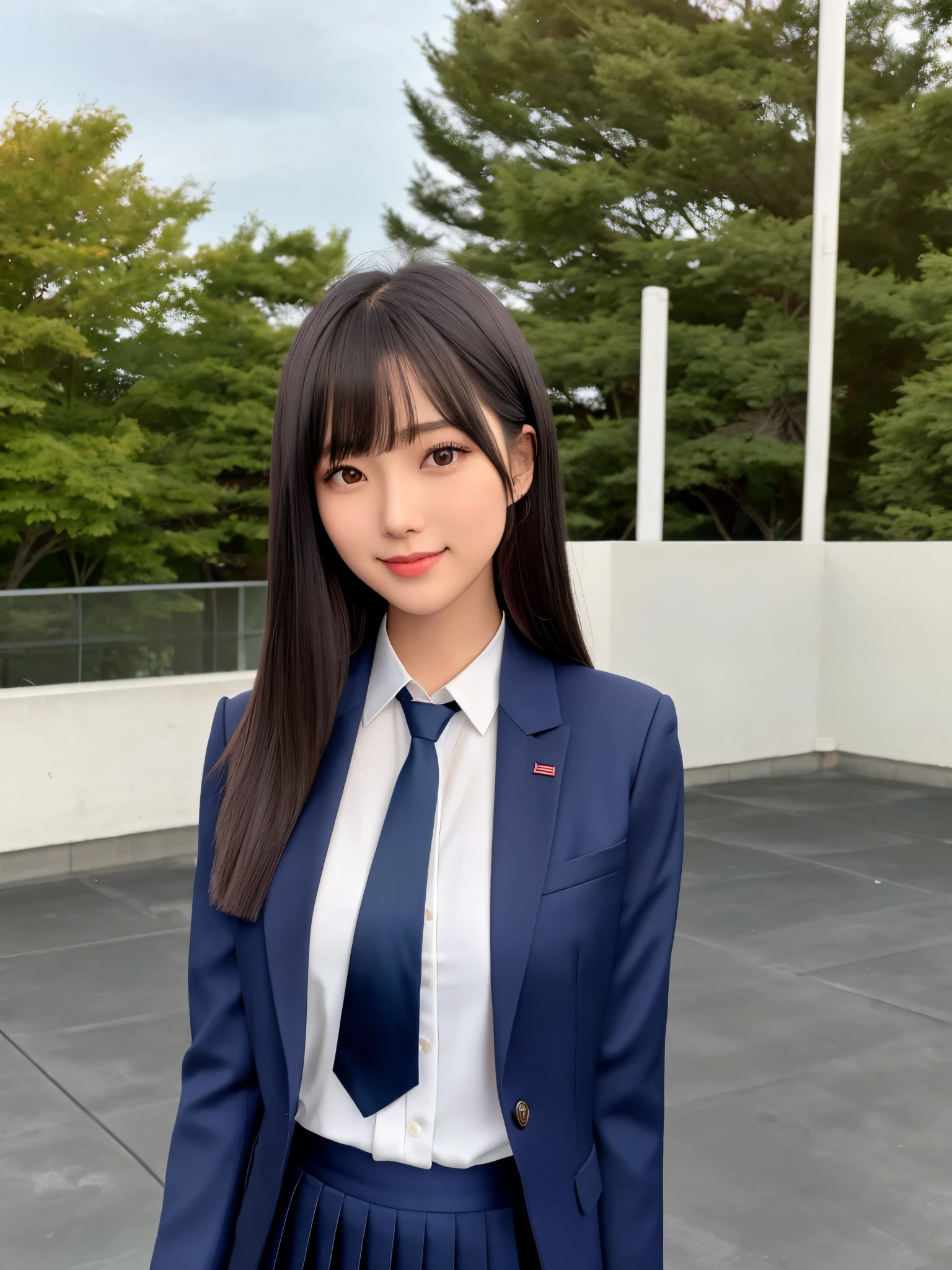 product quality, 1girl, upper body shot, front view, a Japanese young pretty woman, long bob hair, standing at a rooftop of a high school in the sunset, with a big smile, hair blown by the wind, glamorous figure, wearing a dark blue blazer over a white collared shirt, wearing a shiny satin dark blue plain long tie, wearing a dark blue pleated skirt, hyper cute face, glossy lips, double eyelids in both eyes, natural makeup, long eyelashes, shiny smooth light brown long bob hair, asymmetrical bangs, skin tanned, central image, high resolution, high detailing, detailed hairstyle, detailed face, spectacular movie lighting, octane rendering, vibrant, hyper realistic, perfect limbs, perfect anatomy