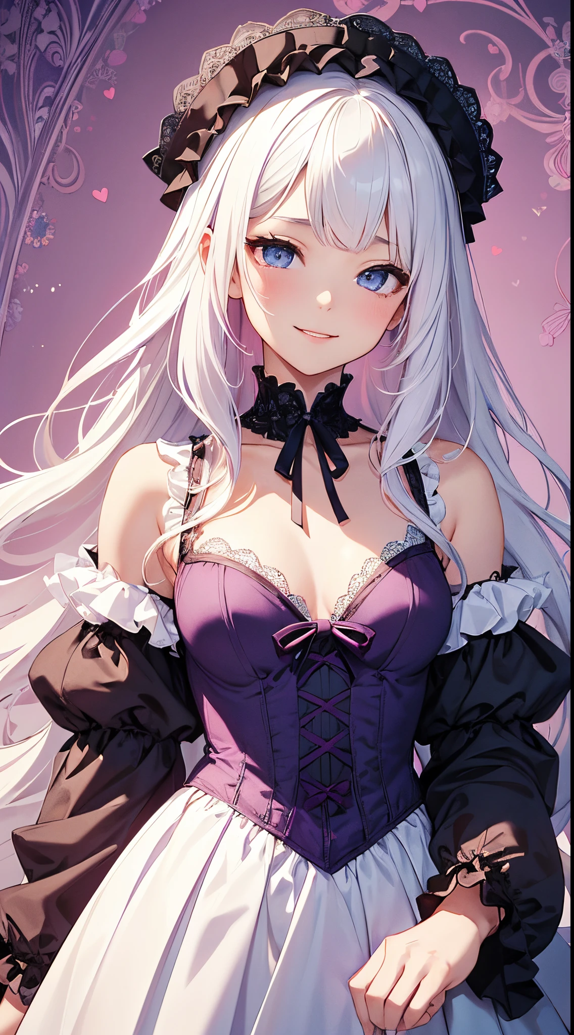 (masterpiece、top-quality、top-quality、Official art、Beautifully Aesthetic:1.2)、(1womanl)、(There is a little space at the top)、ighly detailed、(Fractal Art:1.4)、highestdetailed、long wavy white hair、White hair、Blue eyes、rounded drooping eyes、very small chest 、Flat,Flat, Flat and small breasts、Mature beautiful woman、The background is a dark purple wallpaper with a bright blue lace pattern....、A large pink heart is designed in the background.......、ta fashion based on black, with white、Ruffled headdress、Cute smile、Outstanding smile