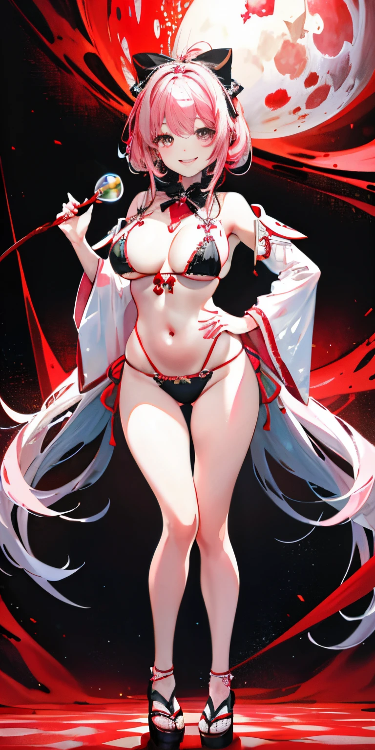 top-quality, tmasterpiece, k hd, The content is very detailed, 8K, one-girl, Cute big breasts, japanese manga, Skin is crystal clear、The white, Sensual, Full body lesbian, doi, 13 year old, (Hair color shiny light pink), beautiful lovely, bow on head, Too many hair accessories, Cute micro bikini style, Crazy world view, blood vessel, Eyes glowing suspiciously red, wonderland, the way back, mad smile, bright red oasis, Place your hands on your hips, Inviting
