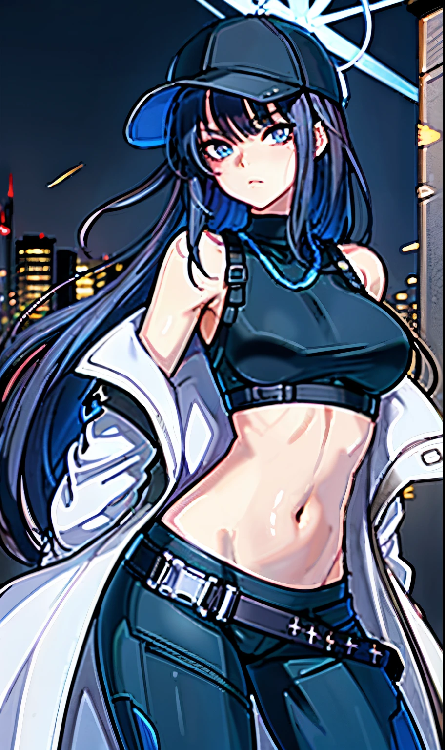 saori, (best quality), (masterpiece), detailed, (illustration), 1girl, long hair, navel, solo, breasts, midriff, hat, off shoulder, pants, crop top, sleeve shirt, belt, sleeveless, black shirt, outdoor, baseball cap , blue eyes, black tiara, big breasts, halo, black pants, black hair, denim lens, bare shoulders, city view, black belt, lower bust, standing, open clothes, coat, blue hair, night, white coat, very long hair, chest strap, closed mouth