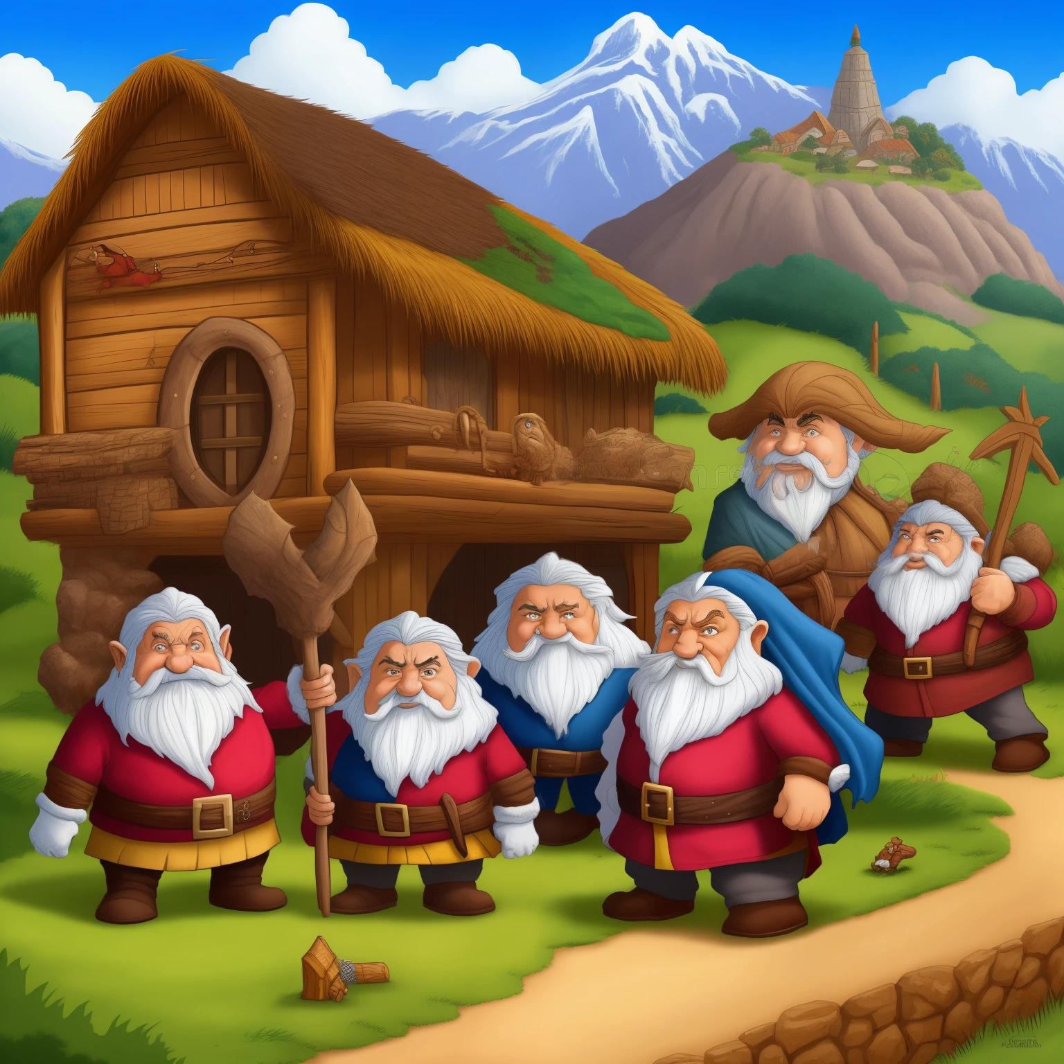 Papai Noel segurando um balde de ouro, some dwarves around, segurando maletas de dinheiro, cidade sombria, desenho estilo super realista
