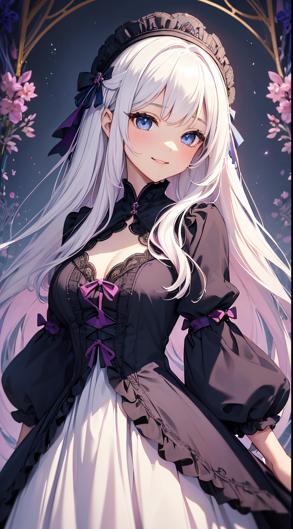 (masterpiece、top-quality、top-quality、Official art、Beautifully Aesthetic:1.2)、(1womanl)、(There is a little space at the top)、ighly detailed、(Fractal Art:1.4)、highestdetailed、long wavy white hair、White hair、Blue eyes、rounded drooping eyes、very small chest 、Flat,Flat, Flat and small breasts、Mature beautiful woman、The background is a dark purple wallpaper with a blue lace pattern....、A large pink heart is designed in the background......、Lolita fashion based on black, with white、Ruffled headdress、Cute smile、Outstanding smile