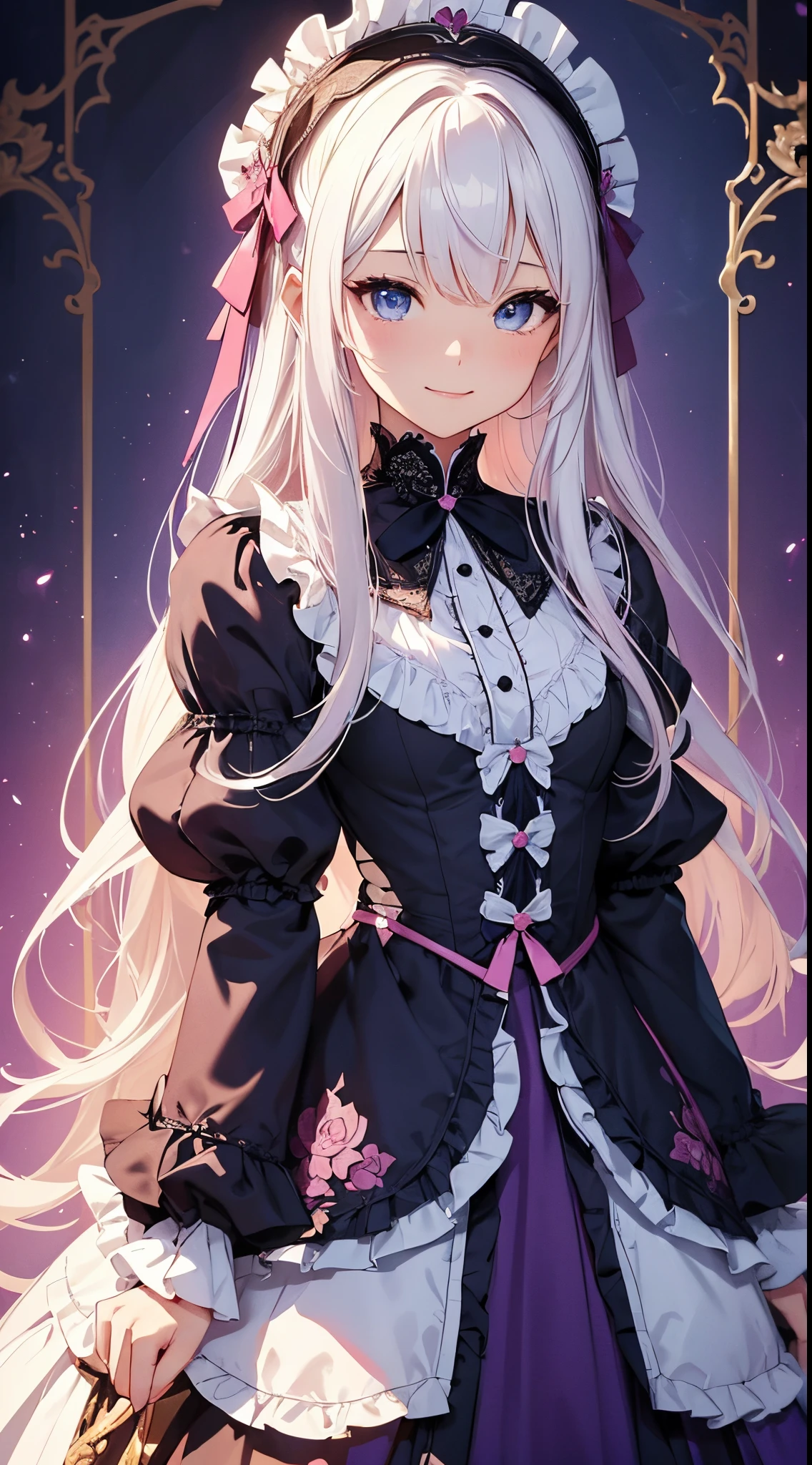 (masterpiece、top-quality、top-quality、Official art、Beautifully Aesthetic:1.2)、(1womanl)、(There is a little space at the top)、ighly detailed、(Fractal Art:1.4)、highestdetailed、long wavy white hair、White hair、Blue eyes、rounded drooping eyes、very small chest 、Flat,Flat, Flat and small breasts、Mature beautiful woman、The background is a dark purple wallpaper with a blue lace pattern....、A large pink heart is designed in the background......、Lolita fashion based on black, with white、Ruffled headdress、Cute smile、Outstanding smile