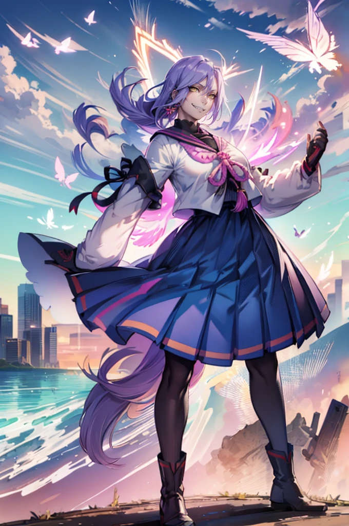girl, solo, looking at viewer, cowboy shot, hand arms full body,boots, standing,cute,breast, curvy, female,fantasy goddess,there is a cartoon picture of a woman with a very large breast, glowing divine being, glowing holy aura, inspired by Luma Rouge, the non-binary deity of spring, ethereal rainbow nimbus, the butterfly goddess of fire, inspired by Mariel, glowing aura around her, astral wind, as the goddess of the saturn, “uwu the prismatic person, big breast, serious, beautiful eyes, , full body, walking, long robe, long dress, ,priestess ,holy, smile, god rays, ray tracing, sparkle, cinematic lighting, UHD, retina, masterpiece, ccurate, anatomically correct, textured skin, super detail, high details, high quality, award winning, best quality, highres, 1080P, HD, 4K, thunder aura, light aura,full, snak staff,closed mouth #re:creators #maggane chikujoin: chikujoin magane sharp teeth single braid school uniform serafuku pleated skirt thighhighs gloves earrings Version No.:, long skirt, sharpteeth smile, pullover,tunic, standing, posing