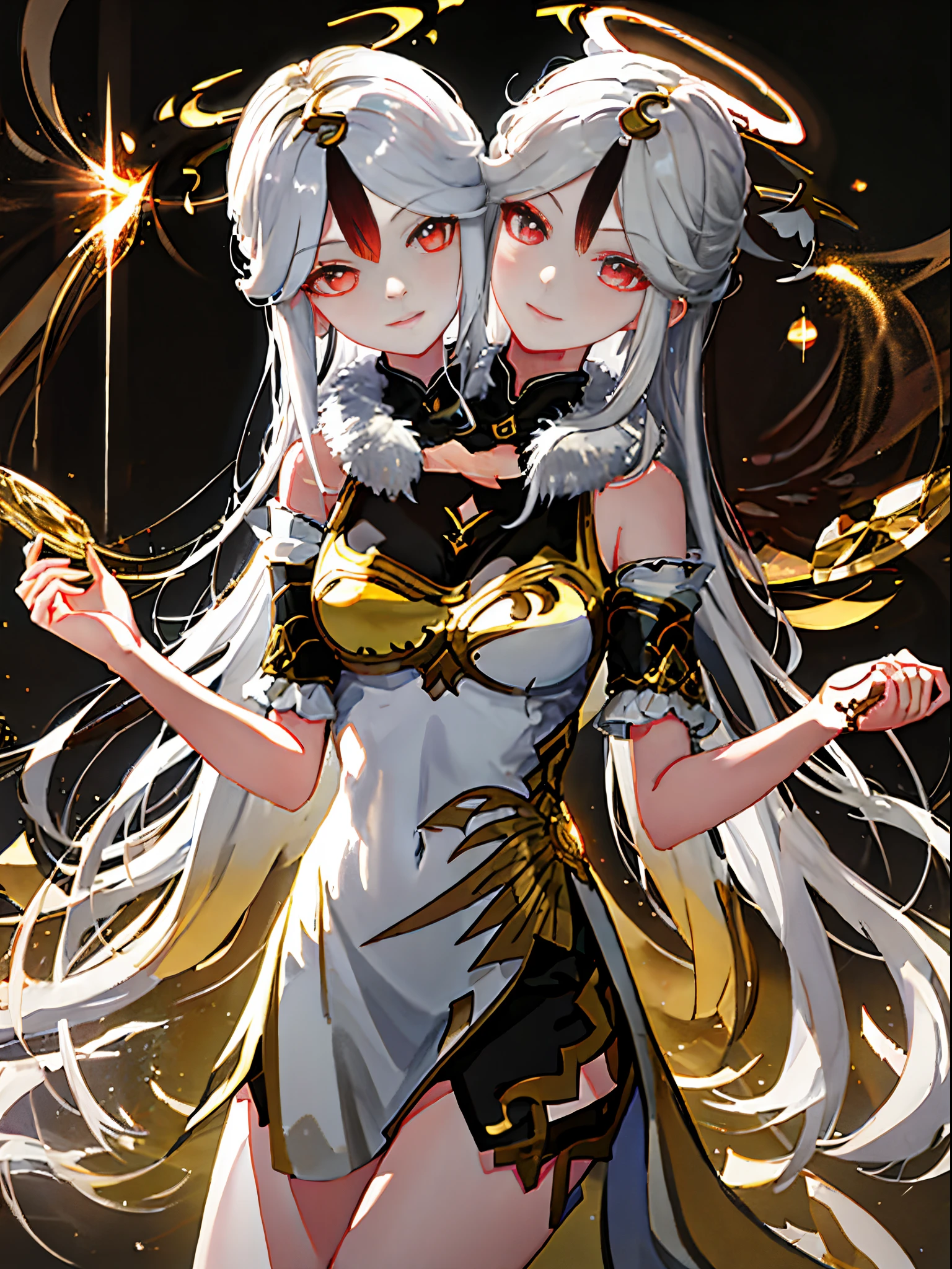 (masterpiece, best quality), best resolution, (2heads:1.5), 1girl, white hair, golden eyes, halo, angel wings, serene expression, heaven background