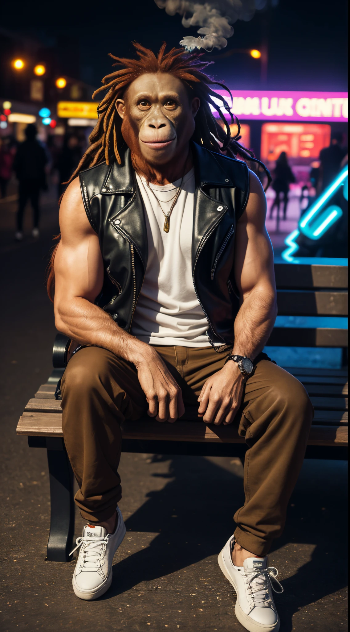 A high resolution photo of a giant orangutan sitting on a bench, metropolis location, wearing reflective aviator sunglasses, contented face, colorful dreadlocks hairstyle, blowing smoke, wearing a leather biker vest, the orangutan is wearing colorful sneakers, evening time, neon light, (colorful), detailed background, realistic, photorealistic, ultra realistic