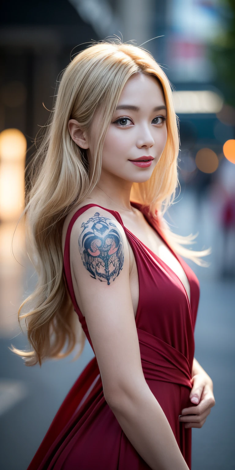 (Best Quality, masutepiece), 1girl in, Pose, Particle, Wind, Red carpet, Upper body, a person々This is the background where the photo was taken, Looking at Viewer, Blonde, Galaxy, Smiling, Charming face, dynamics light, Post a photo, tattooed body, neat fashion, 8K, Heatwave - AR5:7---Section 750 - Q 2 - V 5.1 --style raw