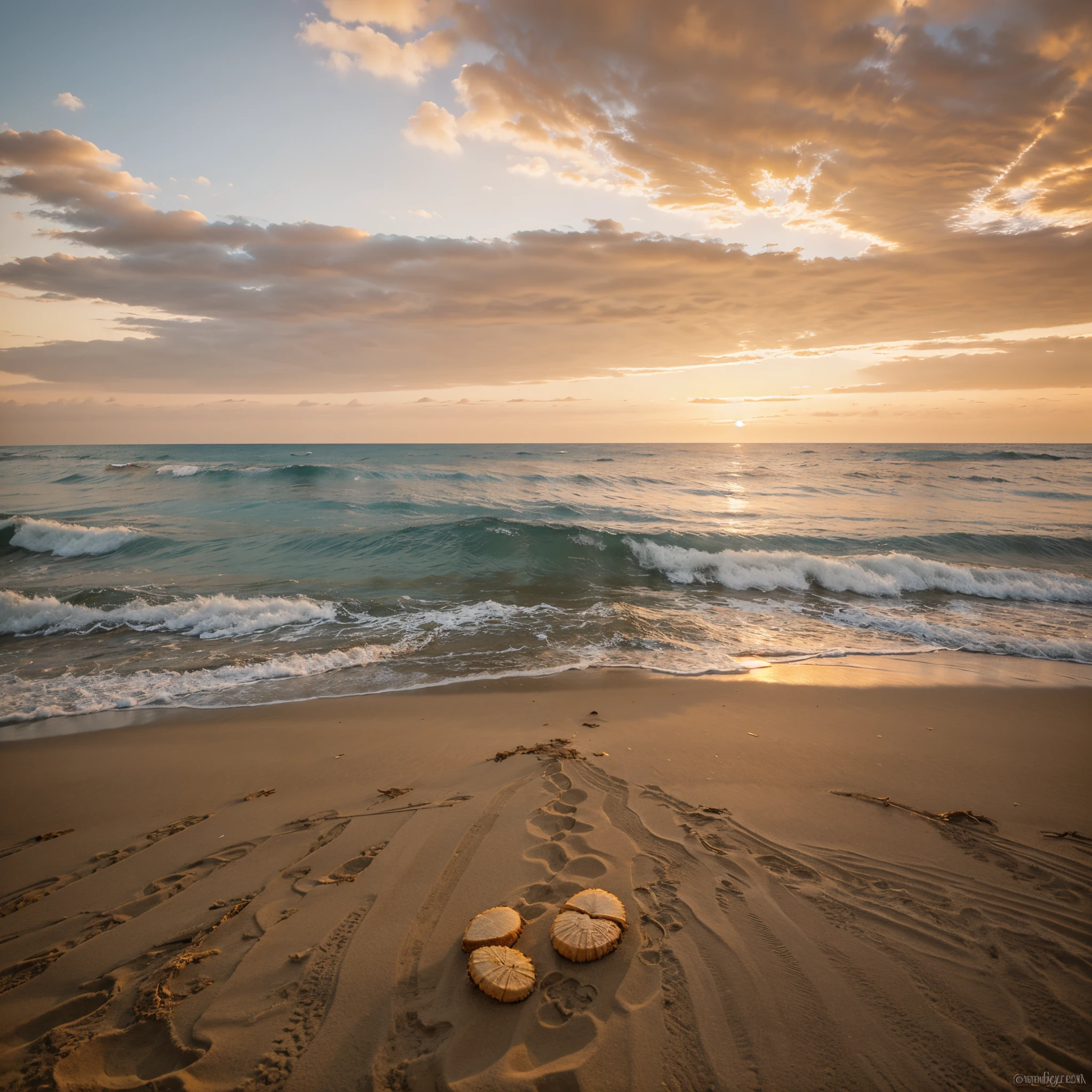 Praia deserta, com conchas na areia, calm beach water,reflecting the sunset.