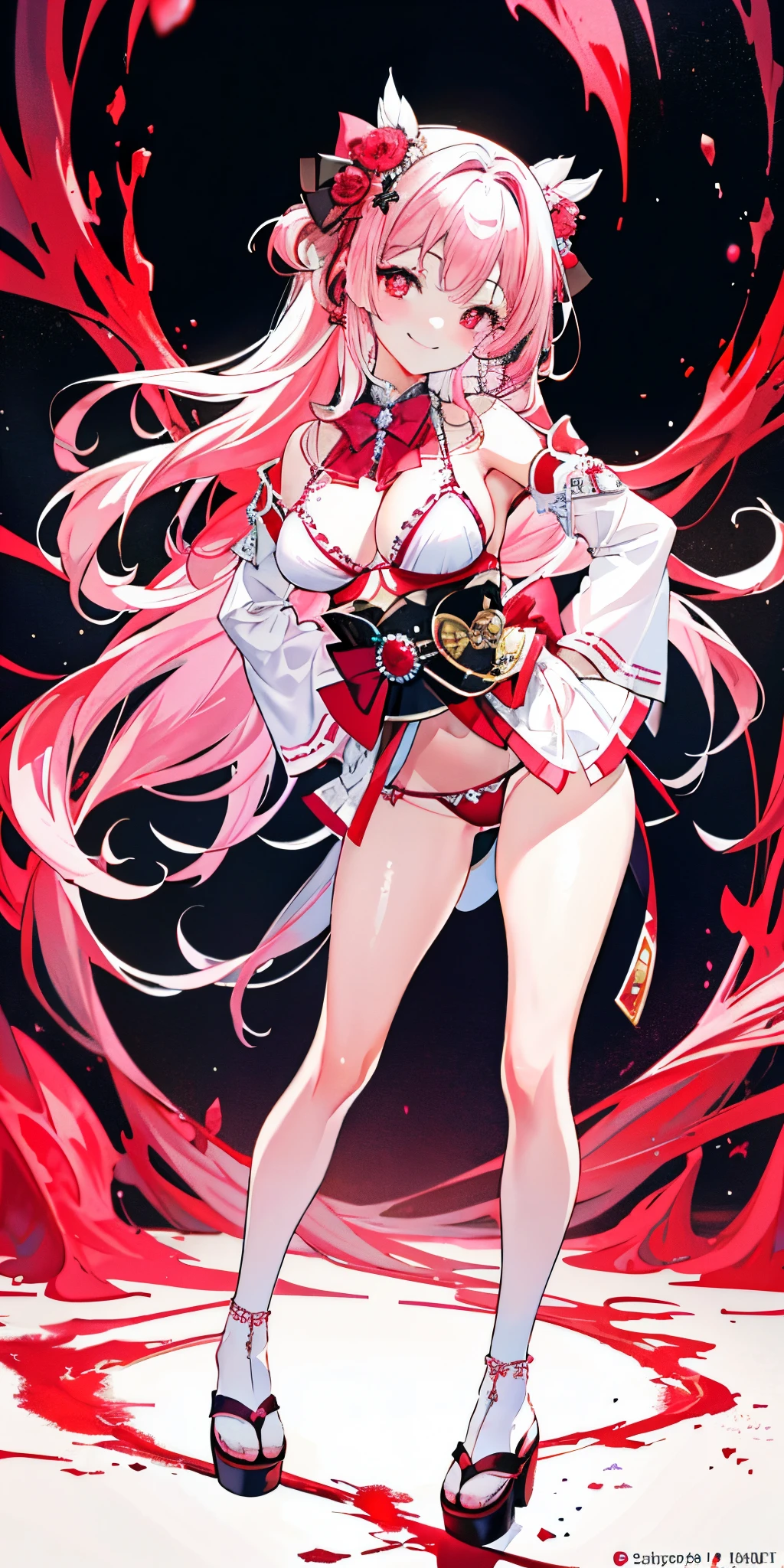 top-quality, tmasterpiece, k hd, The content is very detailed, 8K, one-girl, Cute big breasts, japanese manga, Crystal clear skin、The white, Sensual, Full body lesbian, ii, 13 year old, (Hair color shiny light pink), beautiful lovely, bow on head, Too many hair accessories, Cute micro bikini style, Crazy world view, blood vessel, Eyes glowing suspiciously red, wonderland, way back, mad smile, bright red oasis, Place your hands on your hips, Inviting