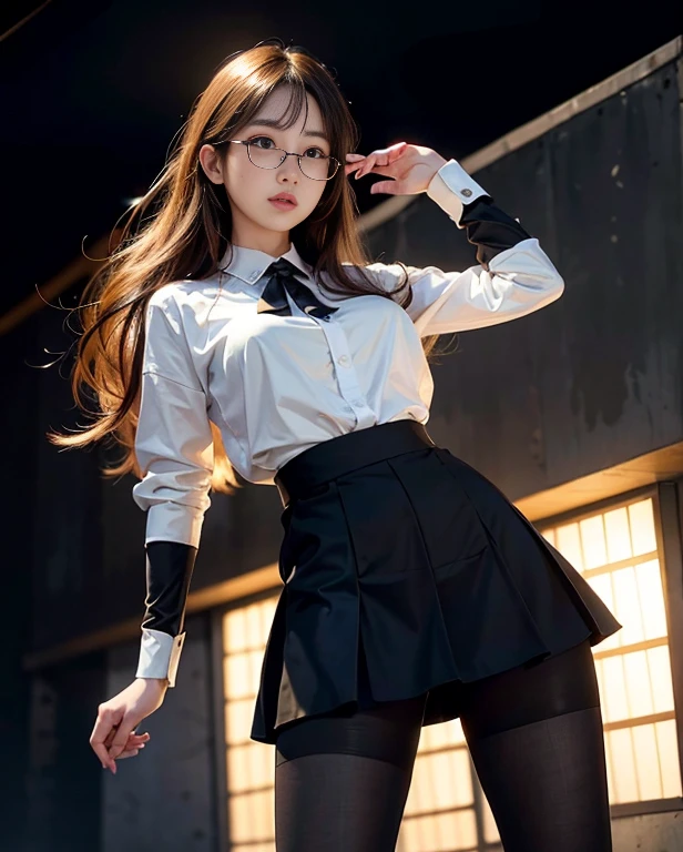 ulzzang -6500-v1.1, (Raw photo:1.2), (Photorealistic:1.4), Beautiful detailed girl, Very detailed eyes and face, Beautiful detailed eyes, Ridiculous, Incredibly ridiculous, Huge file size, super detailed, High resolution, Very detailed, Best Quality, masutepiece, ((fashion clothing with diverse colors)), Illustration, Very detailed, nffsw, unified, 8K Wallpaper, amazing, Fine detail, masutepiece ,Best Quality, Highly detailed ticker uniform 8K wallpaper, Light on Face, Movie Lighting, 1girl in, ************, long white hair, side split, (Big breasts), ()), (Glasses), ((Dynamic Pose))), ((Sexy Pose))), (Camel toe), (half), (pantyhose)), ((Black hip skirt))