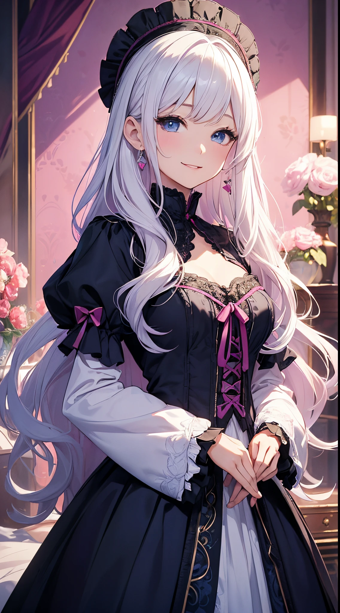 (​masterpiece、top-quality、top-quality、Official art、Beautifully Aesthetic:1.2)、(1womanl)、(There is a little space at the top)、ighly detailed、(Fractal Art:1.4)、highestdetailed、long wavy white hair、White hair、Blue eyes、rounded drooping eyes、very small chest 、Flat,Flat, Flat and small breasts、Mature beautiful woman、The background is a dark purple wallpaper with a blue lace pattern....、A large pink heart is designed in the background.....、Lolita fashion based on black, with white、Ruffled headdress、Cute smile、Outstanding smile