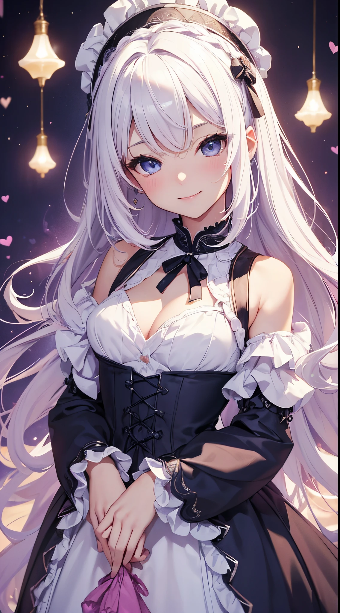 (masterpiece、top-quality、top-quality、Official art、Beautifully Aesthetic:1.2)、(1womanl)、(There is a little space at the top)、ighly detailed、(Fractal Art:1.4)、highestdetailed、long wavy white hair、White hair、Blue eyes、rounded drooping eyes、very small chest 、Flat,Flat, Flat and small breasts、Mature beautiful woman、The background is a dark purple wallpaper with a blue lace pattern....、A large pink heart is designed in the background.....、ta fashion based on black, with white、Ruffled headdress、Cute smile、Outstanding smile