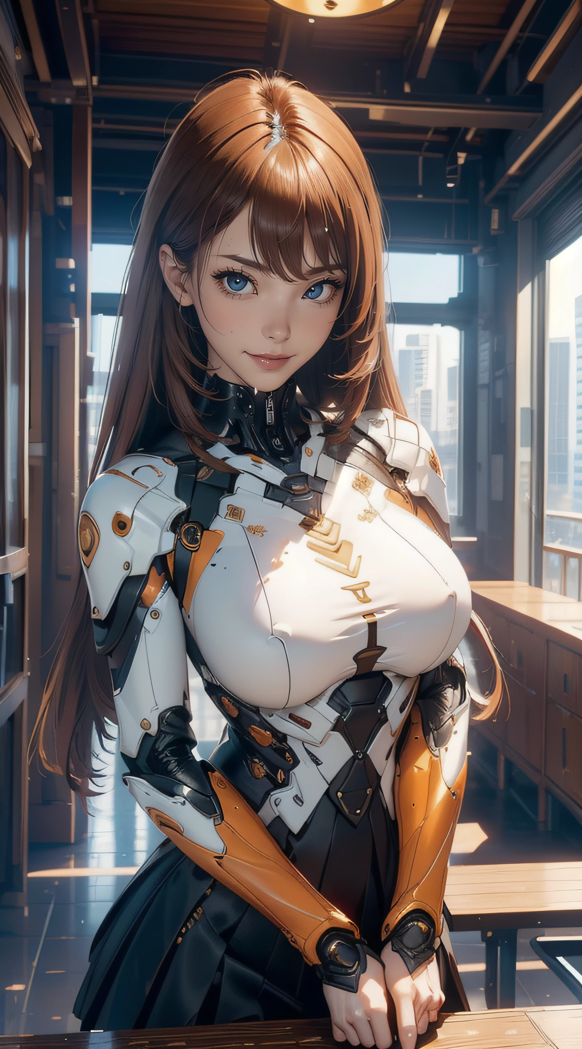 (ultra detailed skin),curvy,petite,beautiful breasts,large breasts,pale skin,pointy breasts,erect nipples,(fantasy art,Highest image quality,Hyperrealist portrait,(8k),ultra-realistic,best quality, high quality, high definition, high quality texture,high detail,beautiful detailed,fine detailed,extremely detailed cg,detailed texture,a realistic representation of the face,masterpiece,Sense of presence,Dynamic,bold),(thin hair),(soft hair),(straight hair:1.5),Swept long bangs,extra light coppery amber hair,hair over one eye,girl,mecha_girl_figure,school uniform