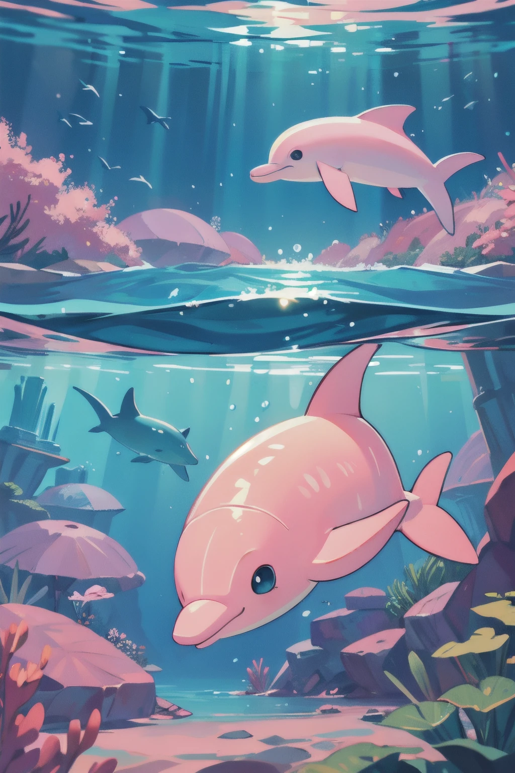 dolphin, pink skin, underwater, river