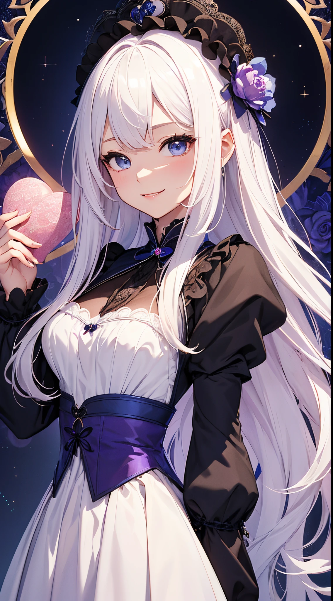 (masterpiece、top-quality、top-quality、Official art、Beautifully Aesthetic:1.2)、(1womanl)、(There is a little space at the top)、ighly detailed、(Fractal Art:1.4)、highestdetailed、Top quality hands、long wavy white hair、White hair、Blue eyes、rounded drooping eyes、very small chest 、Flat,Flat,Flat and small breasts、Mature beautiful woman、The background is a dark purple wallpaper with a blue lace pattern....、A large pink heart is designed in the background.....、Lolita fashion based on black, with white、Ruffled headdress、Cute smile、Outstanding smile