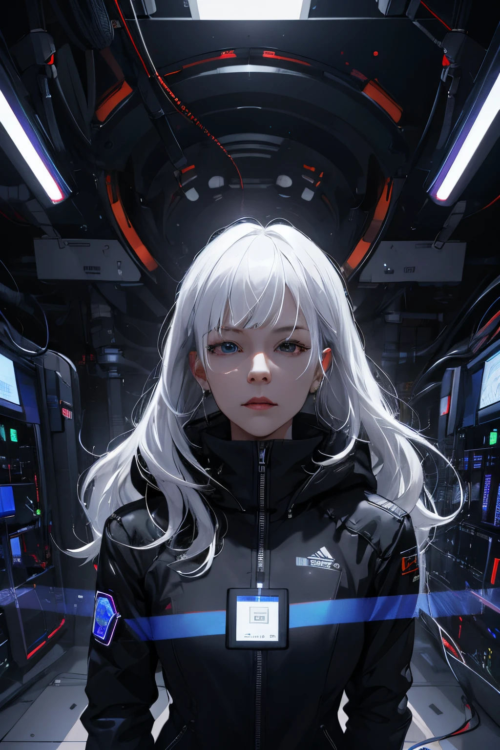 (absurdres, highres, ultra detailed), 1woman, mature female, aged up, wavy long hair, white hair, black eyes, bangs, long sleeves, finely detailed eyes and detailed face, extremely detailed CG unity 8k wallpaper, intricate details, portrait, looking at viewer, solo, (full body:0.6), detailed background, detailed face, (matrix theme:1.1) evil high-tech futuristic hacker, advanced technology, hoodie, techwear, wearable device, keycard, cables, head-up display, blue (holographic display:1.05), access granted, cybersecurity, server room in background, orange lights, dark sinister atmosphere, , portrait, wind swirling