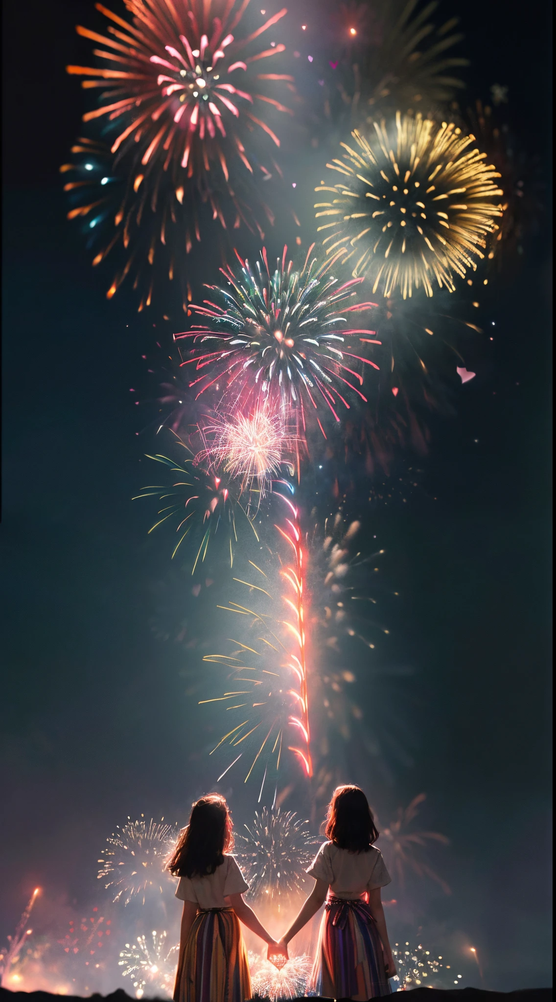 abstract concept art, very detailed, 3 children holding hands watch a magnificent (fireworks :1.2)galaxy milky way, big colorful (heart-shaped:1.3) light painting, intricate, artstation, gorgeous, octane render, volumetric lighting, dof, bokeh