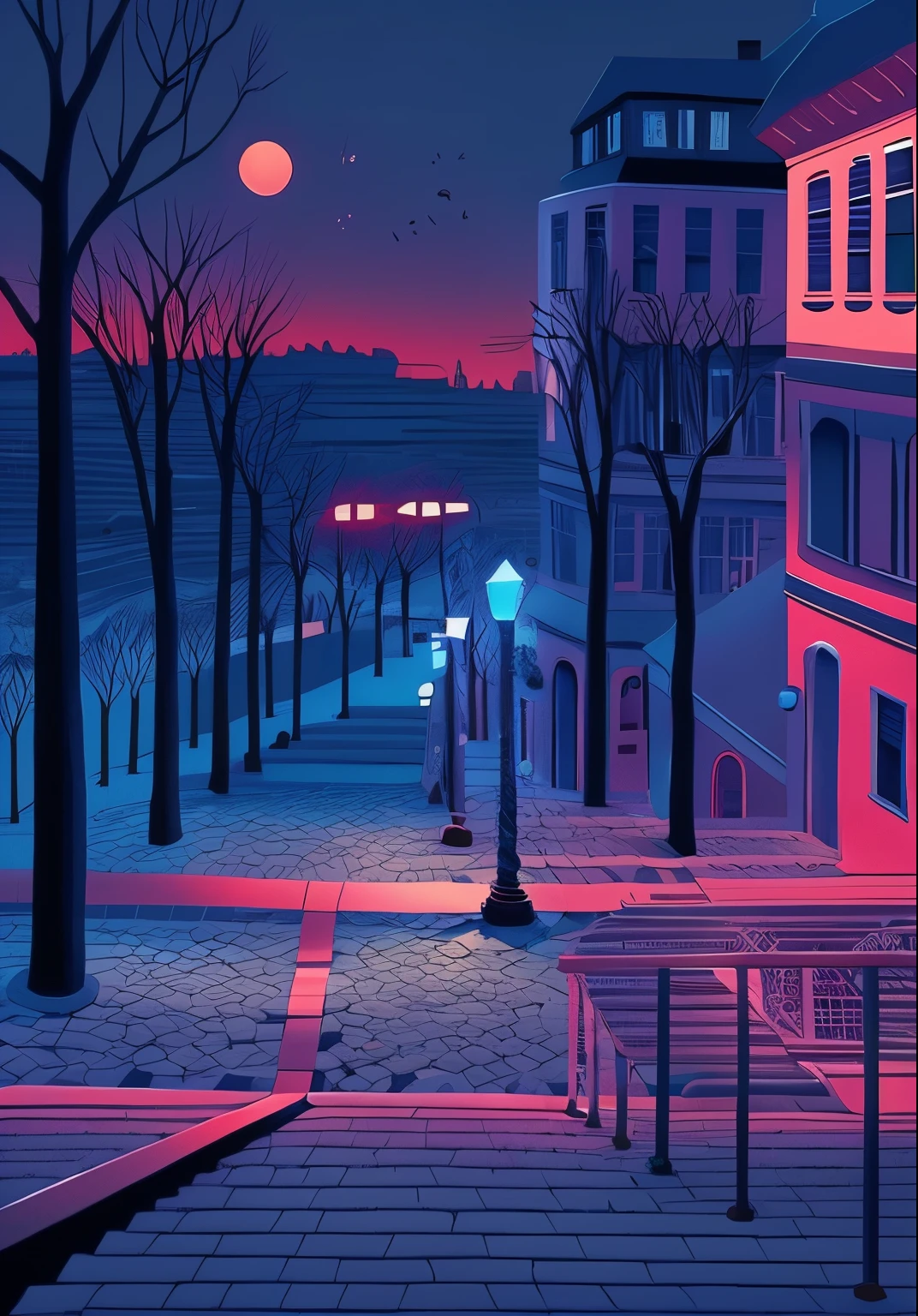 cena noturna de uma rua da cidade com um banco e lua cheia, Laurent Durieux, Directed by: Camille Bombois, random background scene, Parisian street at night, Night scenery, bela arte detalhada do pixel, Directed by: Jean Hey, kilian eng cores vibrantes, kilian eng cores vibrantes, Directed by: Bencho Obreshkov, Paisagem urbana europeia ao ar livre, Directed by: Yi Inmun