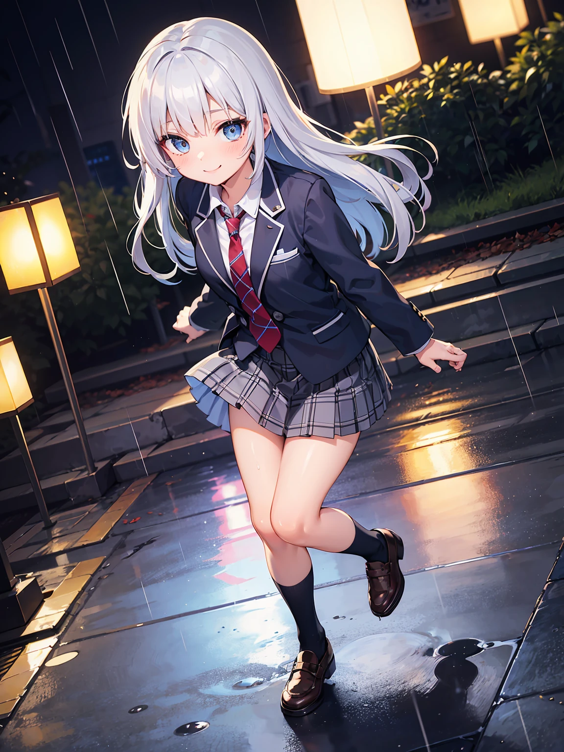 (RAW Photos, Best Quality), (animesque: 1.2), (Round face: 1), 1 girl, Full body shot, (low angles:1.2), (High Detail Skin: 1.2), (Puffy eyes), Smile, 鎖骨, Pretty face, Beautiful eyes, long eyelashes, Silver hair straight, ((Blue checked pleated skirt, red necktie)), (private school uniform), Soft lighting, High quality, a park, midnight, Rain, Wet, Professional Lighting, Photon mapping, Radio City, Physically Based Rendering,