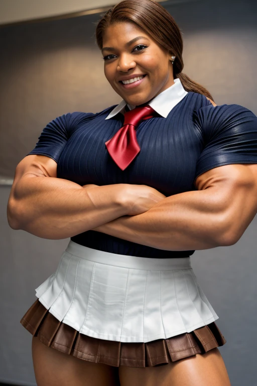 60 year old Resident evil, Viewed from below, dtamatic lighting, Ms Olympia giant Queen latifah, photoshoot studio quality lighting, heavily muscled iffb pro female bodybuilder , humongous muscular chest,((school uniforms:1.4)) ( ((high school)),((white shirt)), ((red tie)), ((dark blue leather skirt:1.3)) ((in the class room:1.3)) ((thin_fabric:1.4)) ((random pose:1.3)) ((sweaty:1.5))((face is flushed:1.4)) ((big muscles:1.4)) ((close-up:1.2)) best quality,masterpiece,ultra high res,(photorealistic:1.4),raw photo,(Authentic skin texture:1.3),(film grain:1.3),panorama,character portrait,very wide shot,narrow waist,cowboy shot,(in the dark, deep shadow, low key, cold light,) night,streaming tears,,dust,Tyndall effect,(expression),beautiful detailed eyes and face,white jabot,brown eyes,((brown hair:1.2)) ((full body:1.3)) ((smile:1.3))