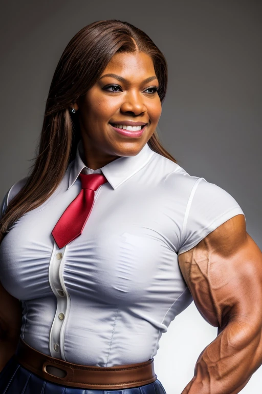 60 year old Resident evil, Viewed from below, dtamatic lighting, Ms Olympia giant Queen latifah, photoshoot studio quality lighting, heavily muscled iffb pro female bodybuilder , humongous muscular chest,((school uniforms:1.4)) ( ((high school)),((white shirt)), ((red tie)), ((dark blue leather skirt:1.3)) ((in the class room:1.3)) ((thin_fabric:1.4)) ((random pose:1.3)) ((sweaty:1.5))((face is flushed:1.4)) ((big muscles:1.4)) ((close-up:1.2)) best quality,masterpiece,ultra high res,(photorealistic:1.4),raw photo,(Authentic skin texture:1.3),(film grain:1.3),panorama,character portrait,very wide shot,narrow waist,cowboy shot,(in the dark, deep shadow, low key, cold light,) night,streaming tears,,dust,Tyndall effect,(expression),beautiful detailed eyes and face,white jabot,brown eyes,((brown hair:1.2)) ((full body:1.3)) ((smile:1.3))