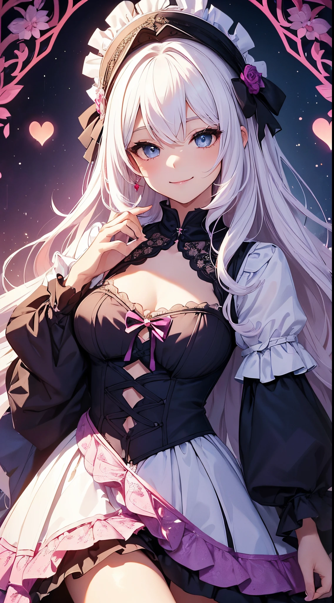 (masterpiece、top-quality、top-quality、Official art、Beautifully Aesthetic:1.2)、(1womanl)、(There is a little space at the top)、ighly detailed、(Fractal Art:1.4)、highestdetailed、long wavy white hair、White hair、Blue eyes、rounded drooping eyes、very small chest 、Flat,Flat, Small chest、Mature beautiful woman、The background is a dark purple wallpaper with a blue lace pattern....、A large pink heart is designed in the background...、Lolita fashion based on black, with white、Ruffled headdress、Cute smile、Outstanding smile