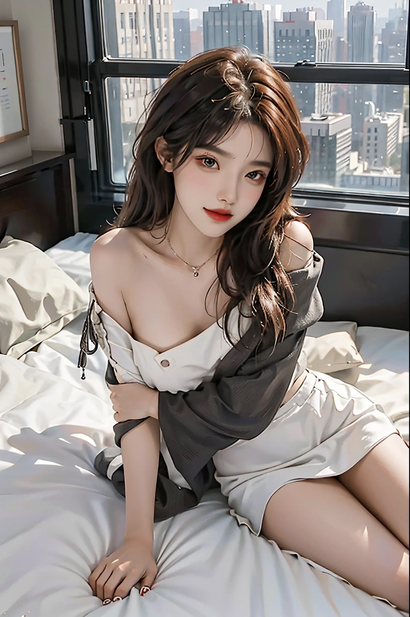 20-year-old sexy model, mix4, Black one shoulder off shoulder shirt, White pleated skirt, A plump chest, Bigchest, slender leg, Lie down in bed, Pose for photos in bed, best qualtiy, 超高分辨率, lighting perfect, ssmile, ((Satellite view, Bird's eye view))