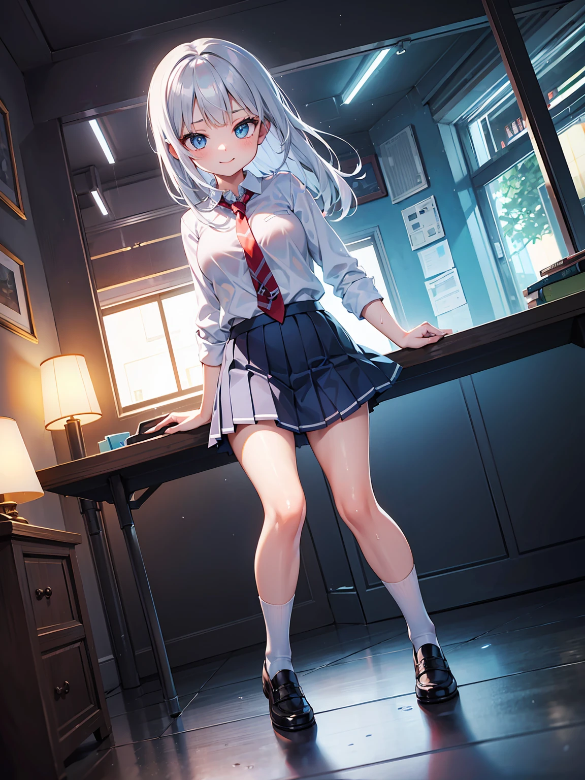 (RAW Photos, Best Quality), (animesque: 1.2), (Round face: 1), 1 girl, Full body shot, (low angles:1.2), (High Detail Skin: 1.2), (Puffy eyes), Smile, 鎖骨, Pretty face, Beautiful eyes, long eyelashes, Silver hair straight, ((Blue checked pleated skirt, red necktie)), (private school uniform), Soft lighting, High quality, a park, midnight, Rain, Wet, Professional Lighting, Photon mapping, Radio City, Physically Based Rendering,