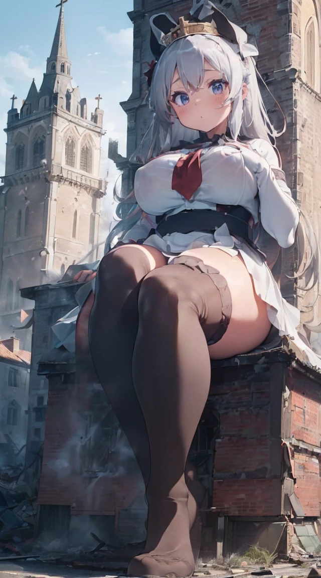 ((((Reaching Out 1.3)))),((((A city in ruins at your feet)))),((((Kneeling)))),Fantastic,long legged,(((A Princess))),(((((Full body depiction))))),((((Randomly sexy poses)))),((((Beautiful soles))))、((((Five fingers on a beautiful sole)))),Big Chest Ribbon,((Teary-eyed)),((((((Colossal tits)))))),((embarrassed from)),Blushing,(((((((Big girl sitting on the roof of the church beyond the tower))))))),((((lowfers)))),the Extremely Detailed CG Unity 8K Wallpapers,top-quality,ultra-detailliert,​masterpiece,realisitic,Photo Real,Bright lighting,extremely detailed cute girl,18year old,Innocent big eyes,A detailed eye,(Silvery hair),(shorth hair),(bangss),flawless skin,shinny skin,fair white skin,Fine skin,((((large full breasts)))),((((((plump thighs)))))),((perfect anatomia,nice hand,perfect hand,Five fingers connected to the palm of the hand,accurate hands without incongruity)),Show off panties、pantyshot、(((Super Huge Girl Cute Princess Dress Costume、white colors)))、(((knee high socks))),front facing,(fumo),(fires),(((Rubble Town)))、Ground cracking,