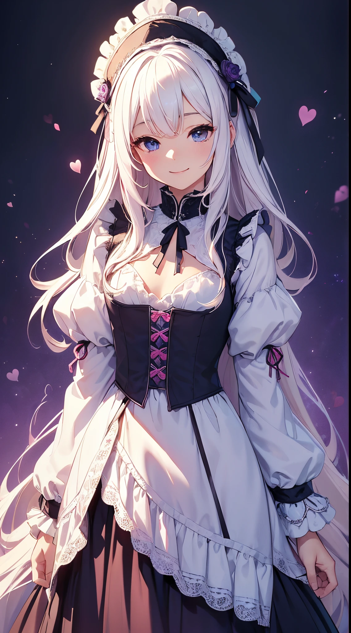 (masterpiece、top-quality、top-quality、Official art、Beautifully Aesthetic:1.2)、(1womanl)、(There is a little space at the top)、ighly detailed、(Fractal Art:1.4)、highestdetailed、long wavy white hair、White hair、Blue eyes、rounded drooping eyes、very small chest 、Flat,Flat, Small chest、Mature beautiful woman、The background is a dark purple wallpaper with a blue lace pattern....、A large pink heart is designed in the background..、Lolita fashion based on black, with white、Ruffled headdress、Cute smile、Outstanding smile