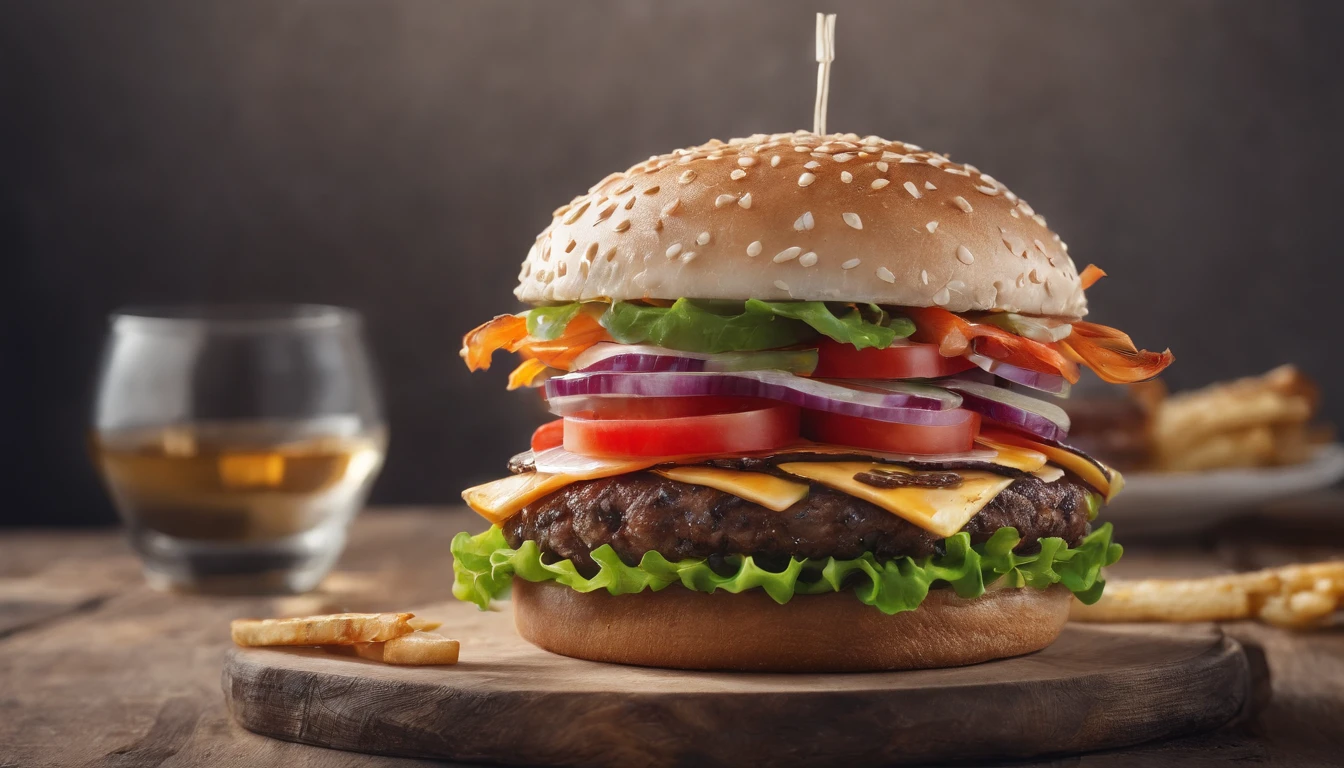 2700*755 resolution hamburger promotional landscape, close-up, Verism, Wide-Angle, optical illusion, highres, UHD