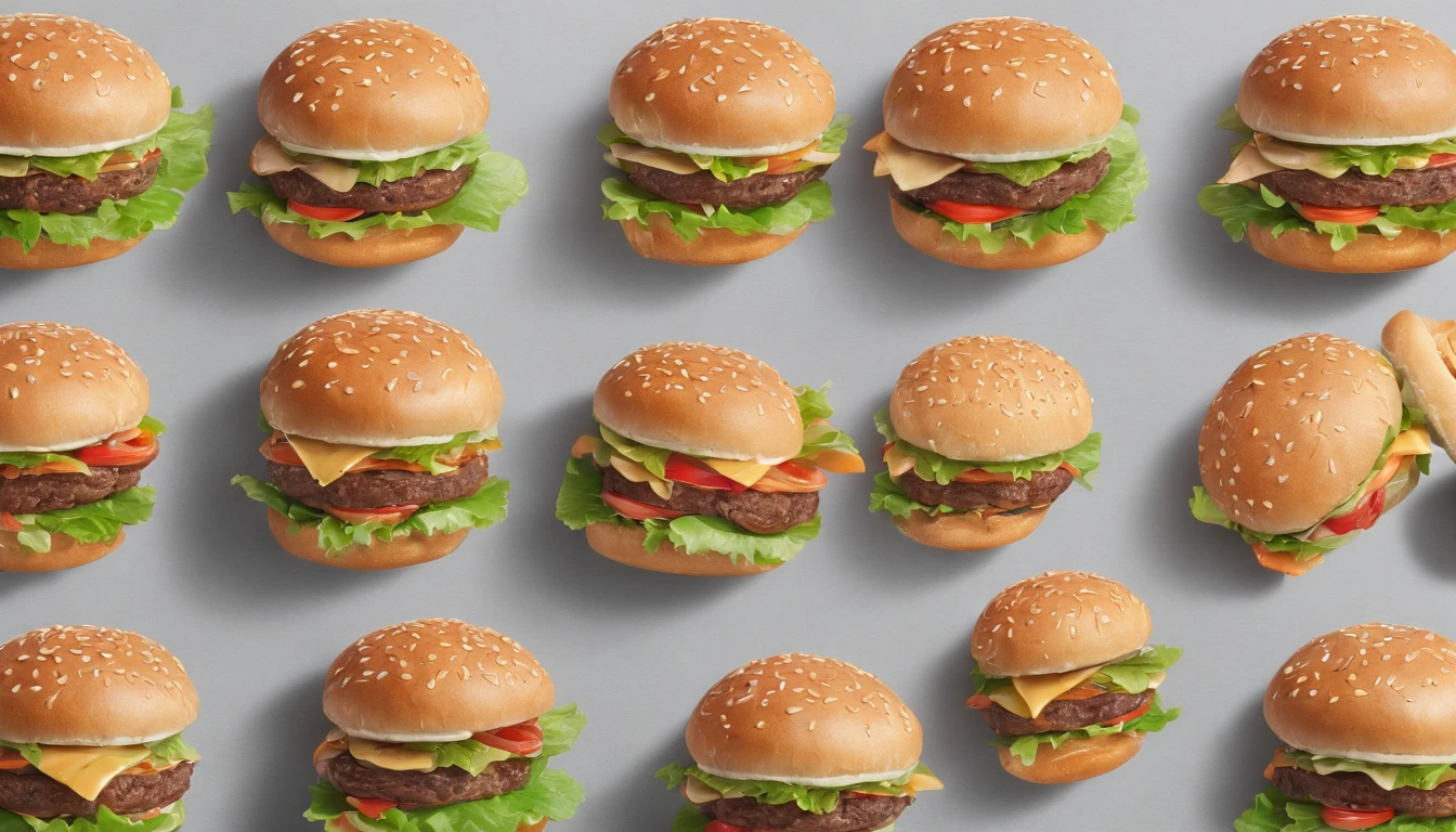 2700*755 resolution hamburger promotional landscape, close-up, Verism, Wide-Angle, optical illusion, highres, UHD