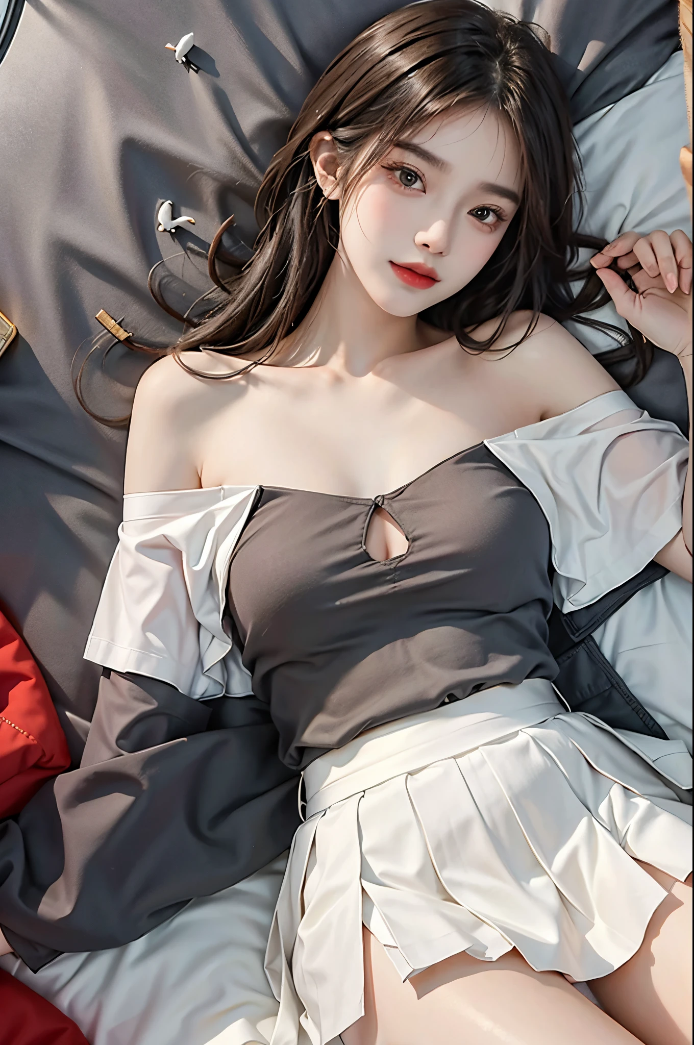 20-year-old sexy model, mix4, Black one shoulder off shoulder shirt, White pleated skirt, A plump chest, Bigchest, slender leg, Lie down in bed, Pose for photos in bed, best qualtiy, 超高分辨率, lighting perfect, ssmile, ((Satellite view, Bird's eye view))