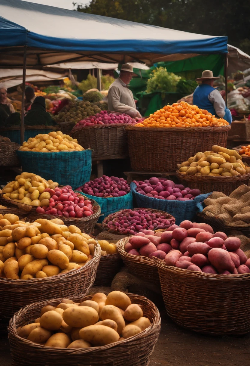 A visually stunning composition of a farmer’s market stall filled with baskets of colorful potatoes, showcasing the wide variety of shapes, sizes, and colors available, creating a visually vibrant and diverse scene.