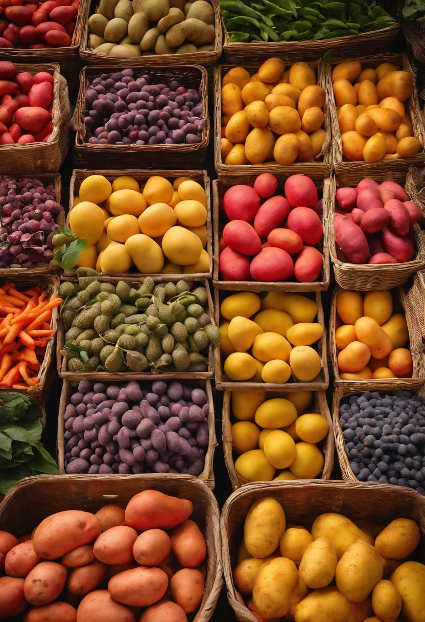 A visually stunning composition of a farmer’s market stall filled with baskets of colorful potatoes, showcasing the wide variety of shapes, sizes, and colors available, creating a visually vibrant and diverse scene.