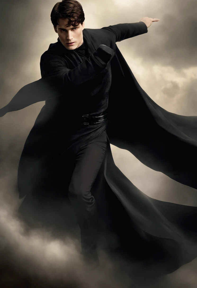 A black cloak fluttering in the wind, with the dark mark of Lord Voldemort emblazoned on the back.,Harry Potter series,Tom is a tall young male, pale, short black hair, brown eyes, gaunt features, famously portrayed by christian coulson