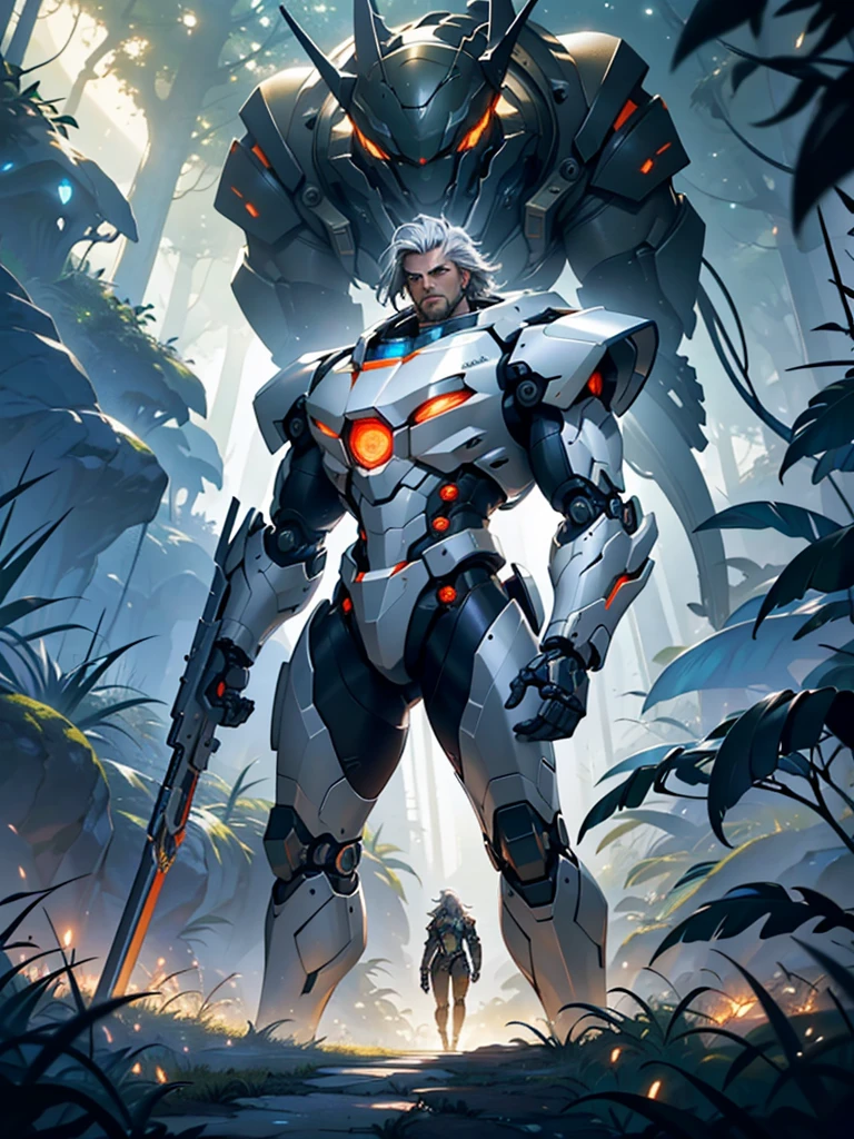 ((tmasterpiece,best qualtiy)),Beautiful 8K Ultra HD professional photos, Sharp focus, In a stunning fantasy world, large silver-haired man, stunning pose, large revealing mechanical robot structure,Interstellar, jungle surrounded by fireflies,ssee-through,depth of fields,Magnificent jungle image scene,